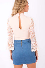 Nude Bell Sleeve Lace Insert Choker Bodysuit - Evie-Bodysuits