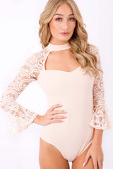 Nude Bell Sleeve Lace Insert Choker Bodysuit - Evie-Bodysuits