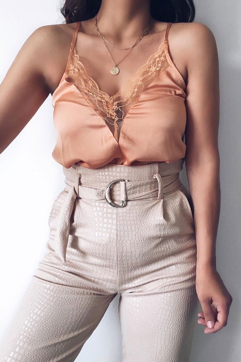 Nude Belted Croc Print Tapered Trousers - Aasia-Trousers