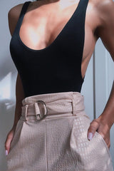 Nude Belted Croc Print Tapered Trousers - Aasia-Trousers