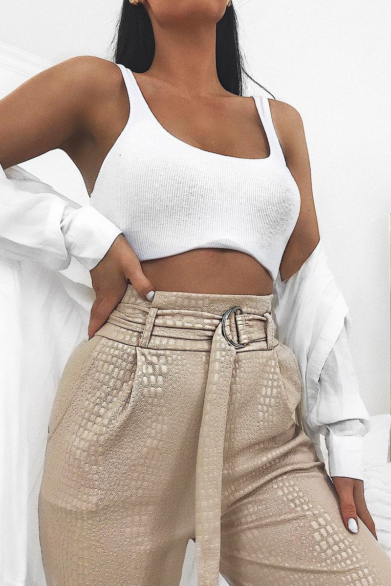 Nude Belted Croc Print Tapered Trousers - Aasia-Trousers