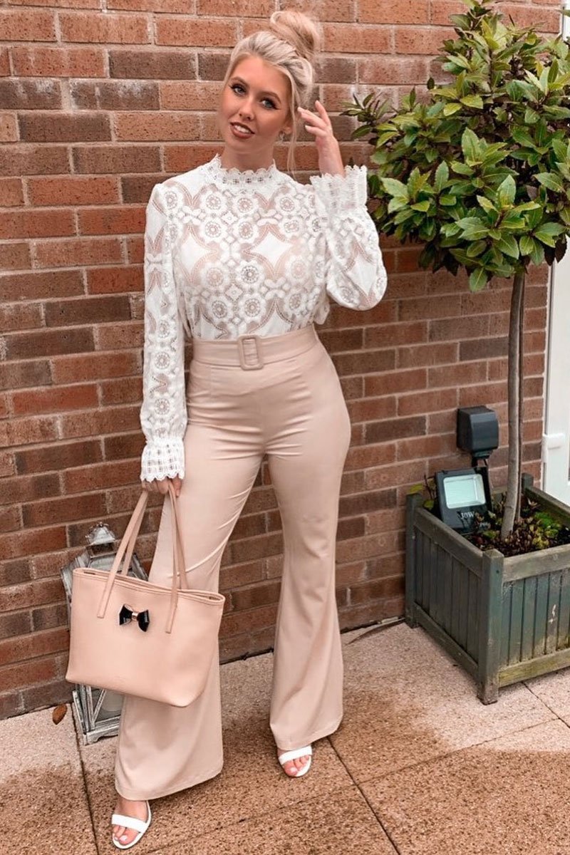 Nude Belted Wide Leg Trousers - Isadore-Trousers