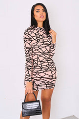 Nude Black Asymmetric Print High Neck Dress - Clydie-Dresses