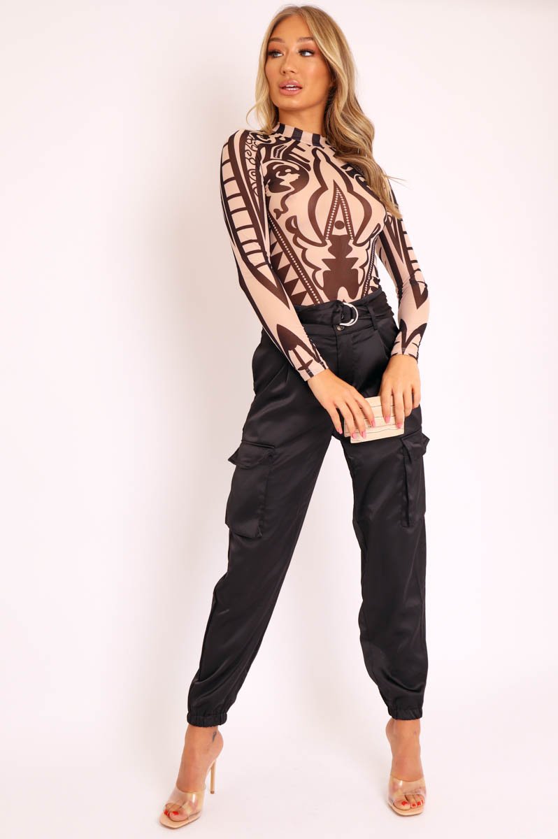 Nude Black Mesh Long Sleeve Patterned Bodysuit - Caci-Bodysuits