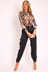 Nude Black Mesh Long Sleeve Patterned Bodysuit - Caci-Bodysuits