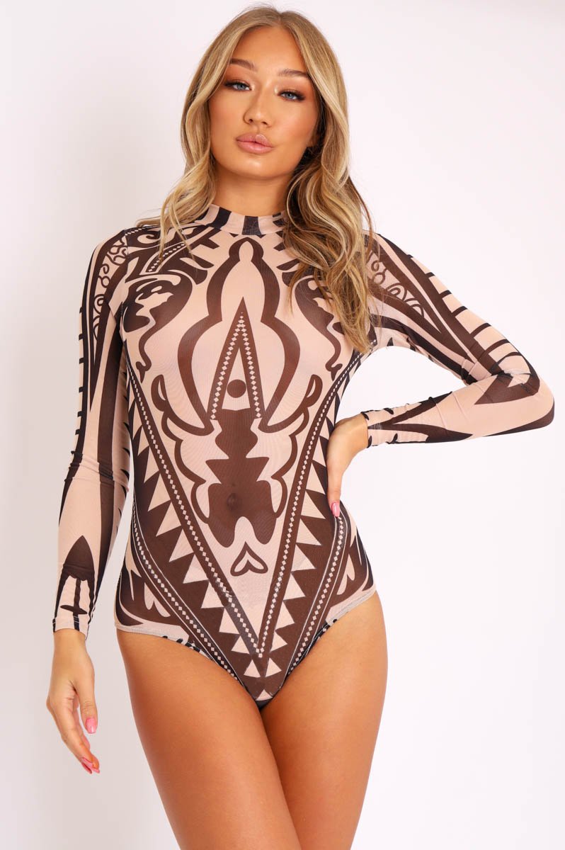 Nude Black Mesh Long Sleeve Patterned Bodysuit - Caci-Bodysuits