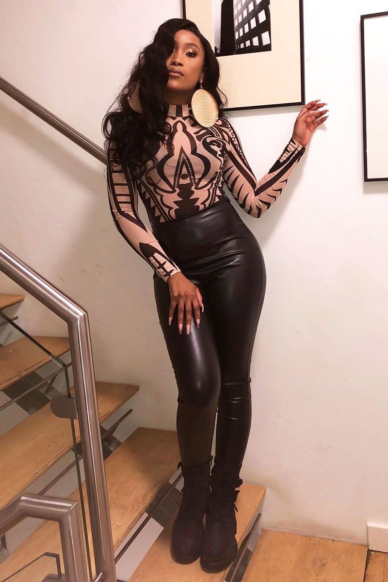 Nude Black Mesh Long Sleeve Patterned Bodysuit - Caci-Bodysuits