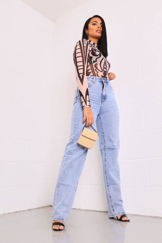 Nude Black Mesh Long Sleeve Patterned Bodysuit - Caci