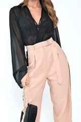 Nude Black Stripe Belted Wide Leg Trousers - Philippa-Trousers