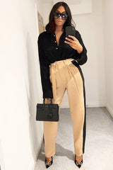 Nude Black Stripe Belted Wide Leg Trousers - Philippa-Trousers
