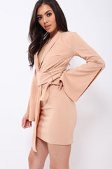 Nude Blazer Dress with Ring Belt Detail - Emilie-Dresses
