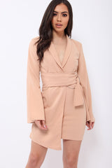 Nude Blazer Dress with Ring Belt Detail - Emilie-Dresses
