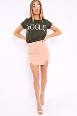 Nude Bodycon Button Down Split Front Mini Skirt - Gretel-Skirts