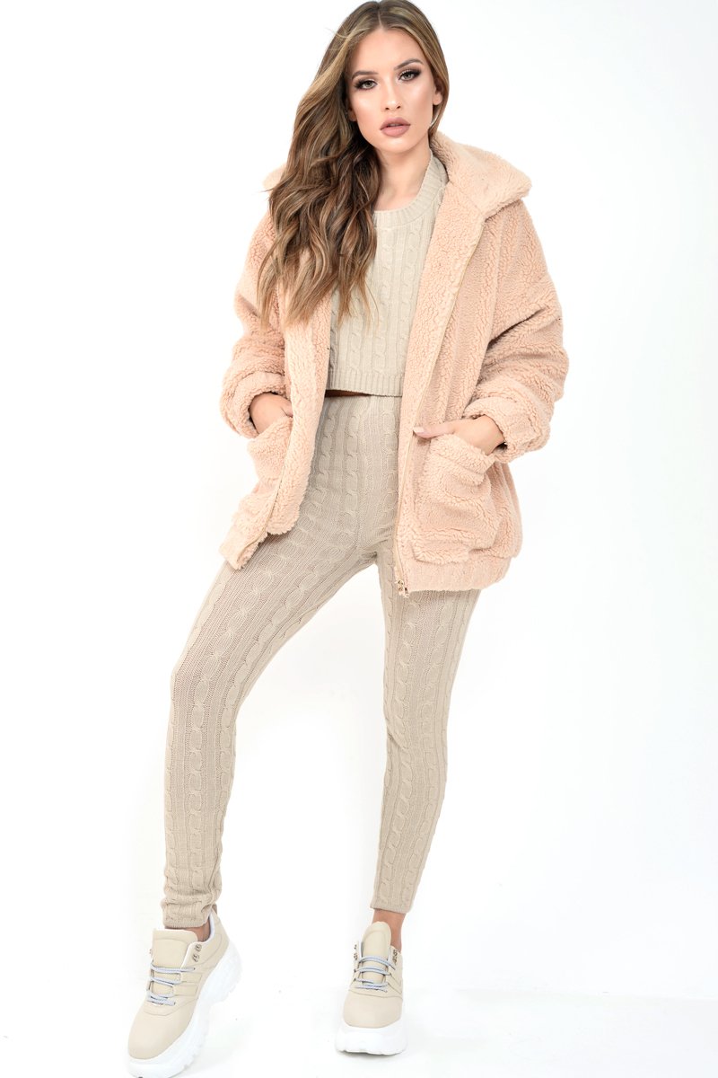 Nude Borg Zipper Front Pocket Coat - Jacklynn-Coats