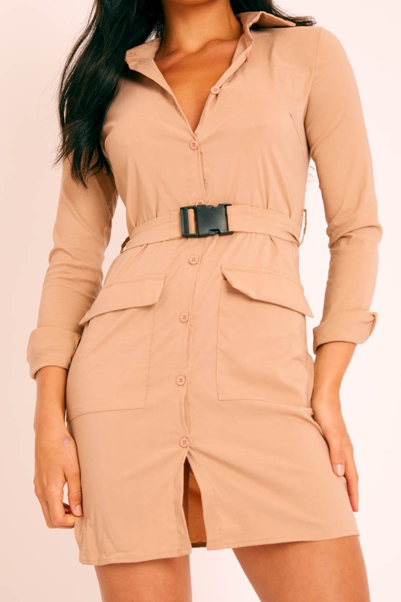 Nude Buckle Belted Utility Shirt Dress - Layla-Dresses