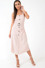 Nude Button Front Belted Midi Dress - Caela-Dresses