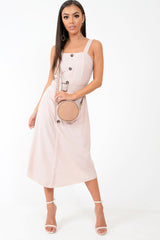 Nude Button Front Belted Midi Dress - Caela-Dresses