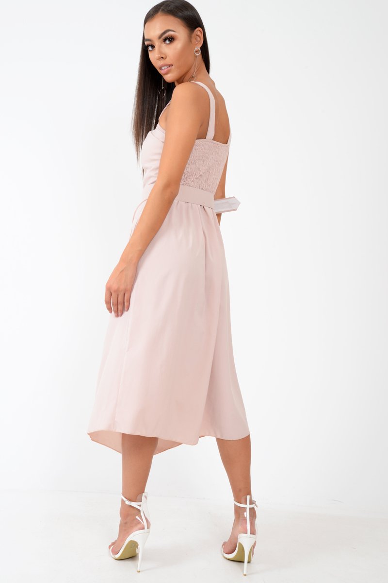 Nude Button Front Belted Midi Dress - Caela-Dresses