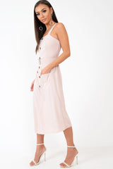 Nude Button Front Belted Midi Dress - Caela-Dresses