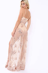 Nude Cami maxi Dress with Sequins - Adalina-Dresses