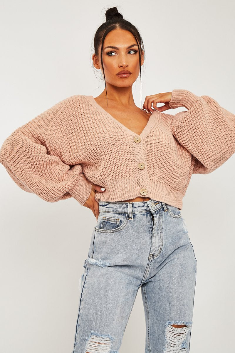 Nude Chunky Knit Button Front Cardigan - Florance-Cardigans