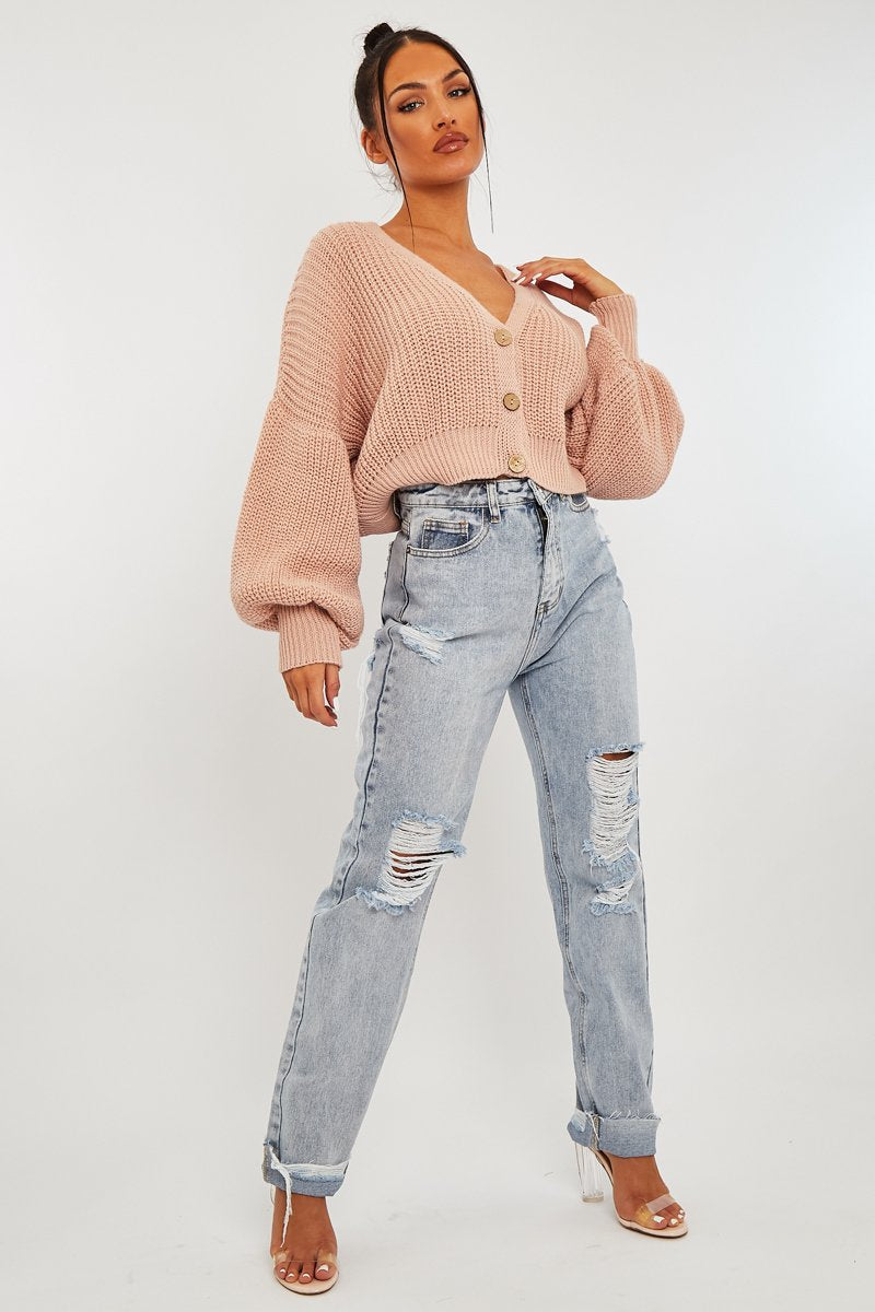 Nude Chunky Knit Button Front Cardigan - Florance-Cardigans