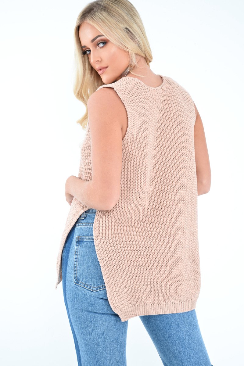 Nude Chunky Knit Sleeveless V Neck Jumper - Zaliyah-Jumper