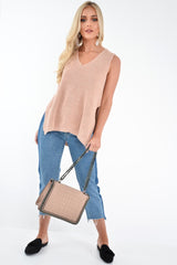 Nude Chunky Knit Sleeveless V Neck Jumper - Zaliyah-Jumper