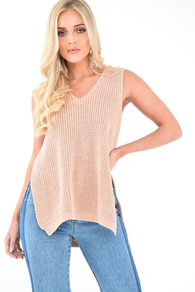 Nude Chunky Knit Sleeveless V Neck Jumper - Zaliyah-Jumper