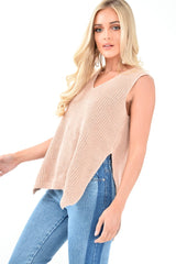 Nude Chunky Knit Sleeveless V Neck Jumper - Zaliyah-Jumper