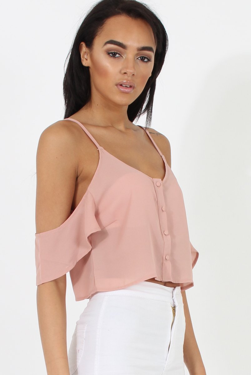 Nude Cold Shoulder Button Crop Top - Harlow-Crop Tops