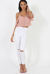 Nude Cold Shoulder Button Crop Top - Harlow-Crop Tops