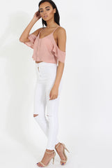Nude Cold Shoulder Button Crop Top - Harlow-Crop Tops