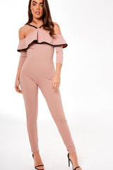 Nude Cold Shoulder Frill Detail Jumpsuit - Donna-Jumpsuits