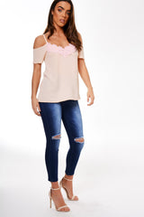 Nude Cold Shoulder Lace Detail Top - Darina-Tops