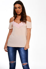 Nude Cold Shoulder Lace Detail Top - Darina-Tops