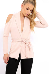 Nude Cold Shoulder Tie Waist Blazer - Agnes-Jackets