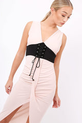 Nude Corset Slit Maxi Dress - Alexus-Dresses
