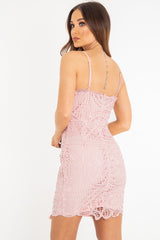 Nude Crochet Overlay Plunge Mini Dress - Brandi-Dresses