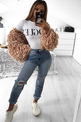 Nude Crop Shaggy Jacket - Idelle-Jackets