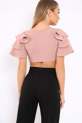 Nude Crop Top Frill Arms - Jameila-Tops