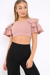Nude Crop Top Frill Arms - Jameila-Tops