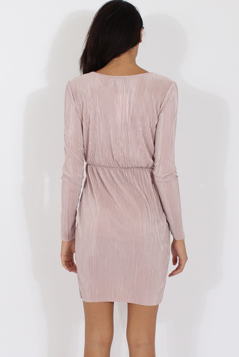 Nude Cross Over Pleated Dress - Blossom-Dresses