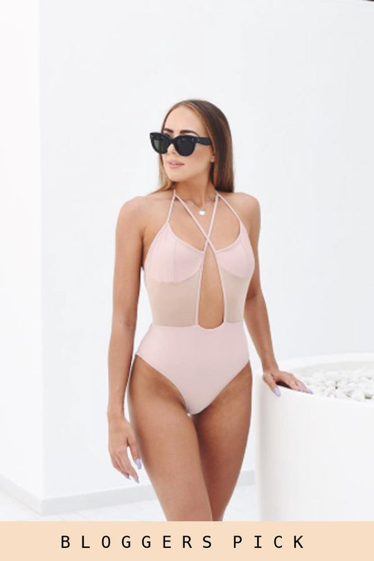 Nude Cross Strap Mesh Swimsuit - Celine