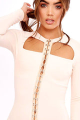 Nude Cut Out Eyelet Front Bodycon Dress - Staci-Dresses