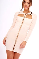 Nude Cut Out Eyelet Front Bodycon Dress - Staci-Dresses