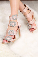 Nude Diamante Brooch Satin Heels - Rosabelle-Heels