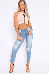 Nude Embroidered Lace Up Crop Top - Loree-Tops