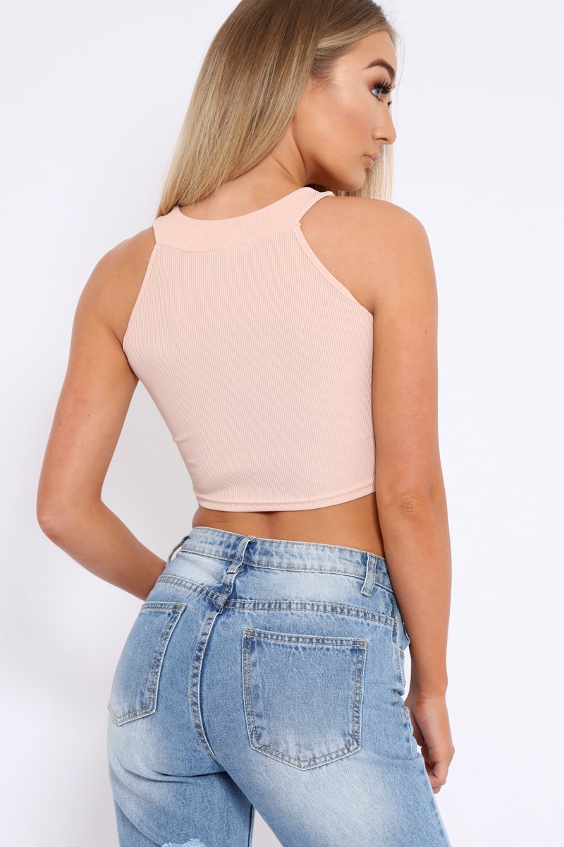 Nude Embroidered Lace Up Crop Top - Loree-Tops