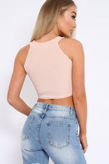 Nude Embroidered Lace Up Crop Top - Loree-Tops
